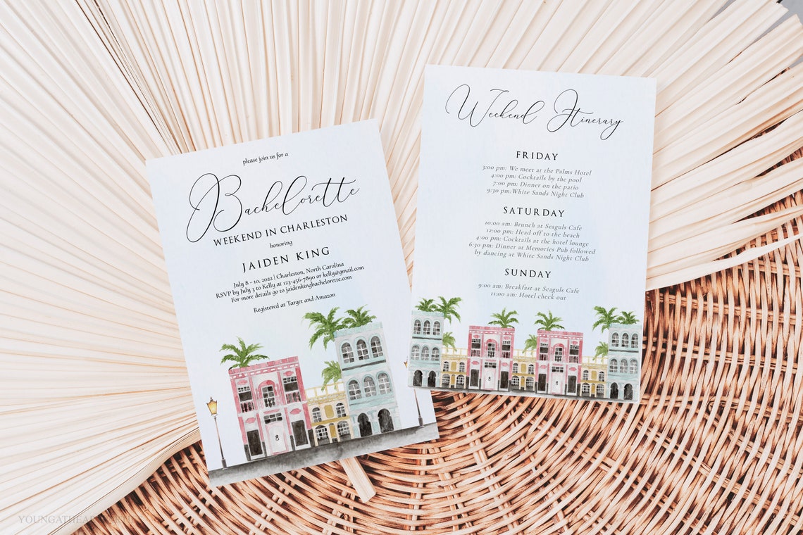 Bachelorette Weekend Charleston Invitation Itinerary Watercolor Poster