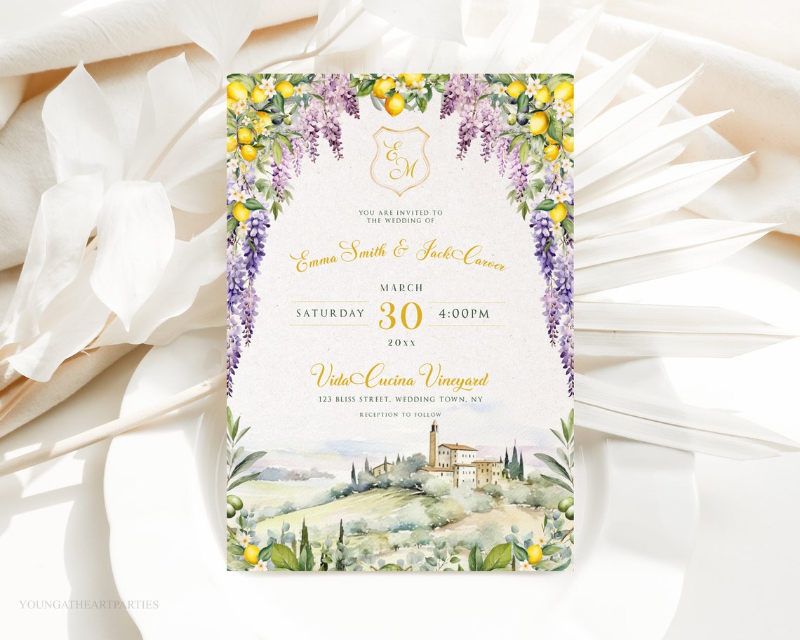 Italian Wisteria Lemon Vineyard Wedding Invitation Suite Poster