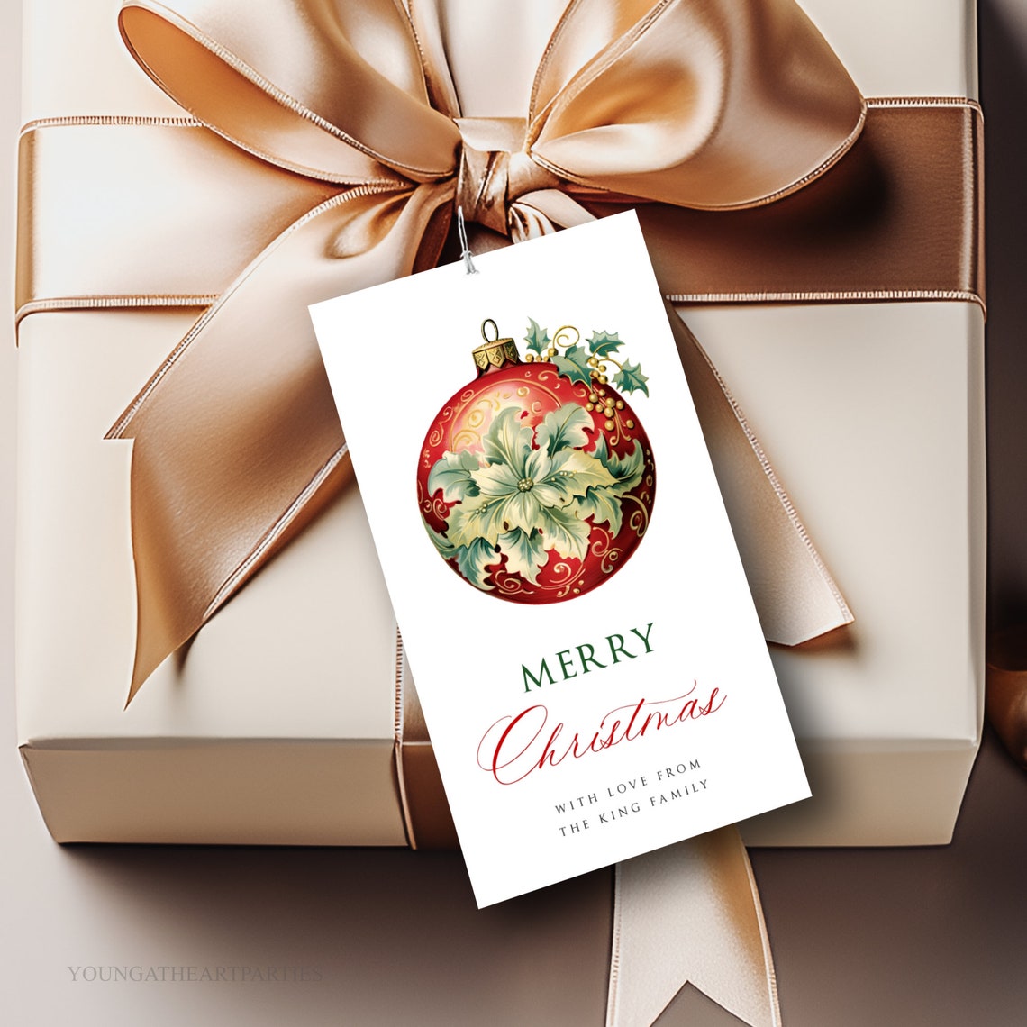 Retro Red Ornament Merry Christmas Gift Tag Vintage Holiday Print