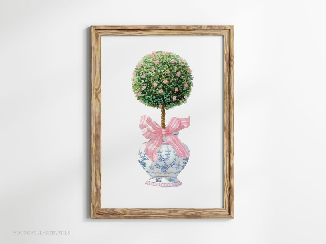 Blue Ginger Jar Topiary Pink Bow Chinoiserie Chic Decor Wall Art - Image 4