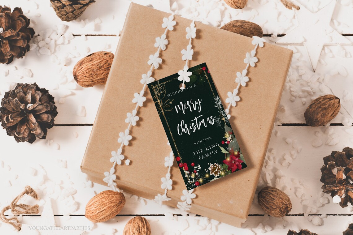 Dark Green Botanical Merry Christmas Gift Tag Gold Holiday Favor Print