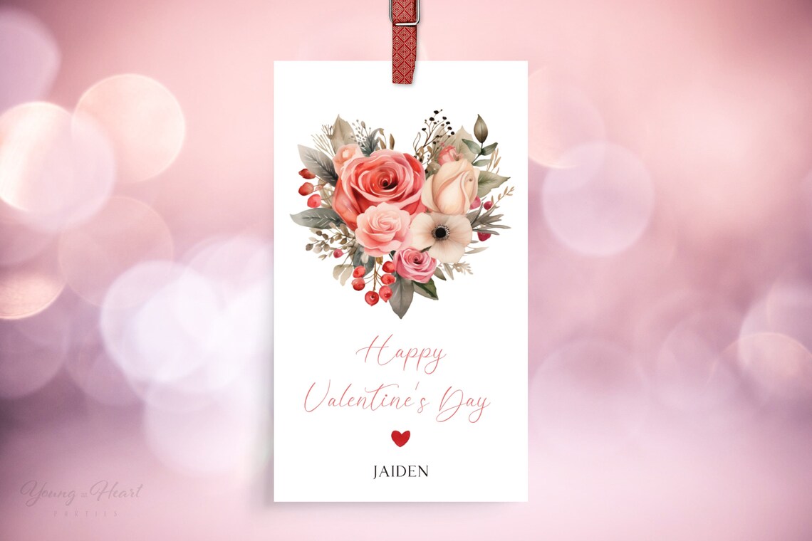 Happy Valentine's Day Floral Heart Bouquet Roses Tag Art Print