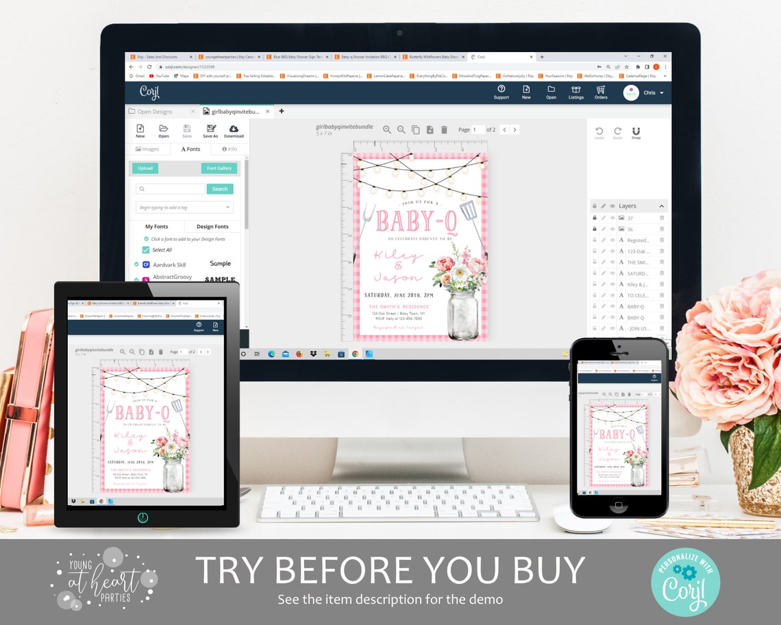 Baby Q BBQ Shower Invitation Bundle Pink Gingham Grill Party Print - Image 2