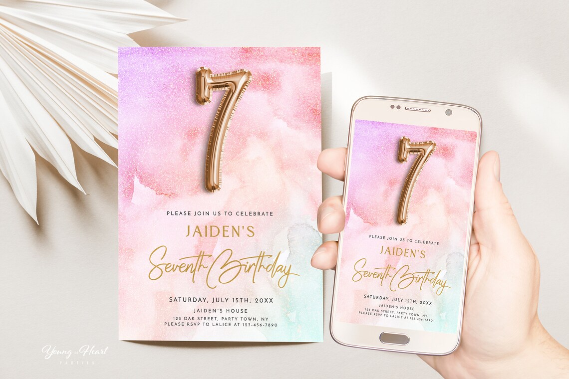 Rose Gold Balloon Seventh Birthday Girl Invitation Editable Print - Image 5