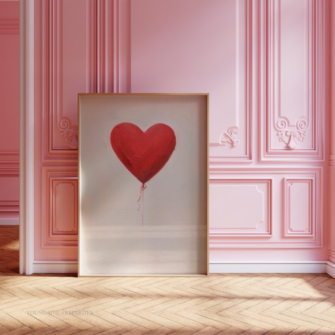 Red Heart Balloon Minimalist Love Art Soft Gray Modern Wall Print - Image 6