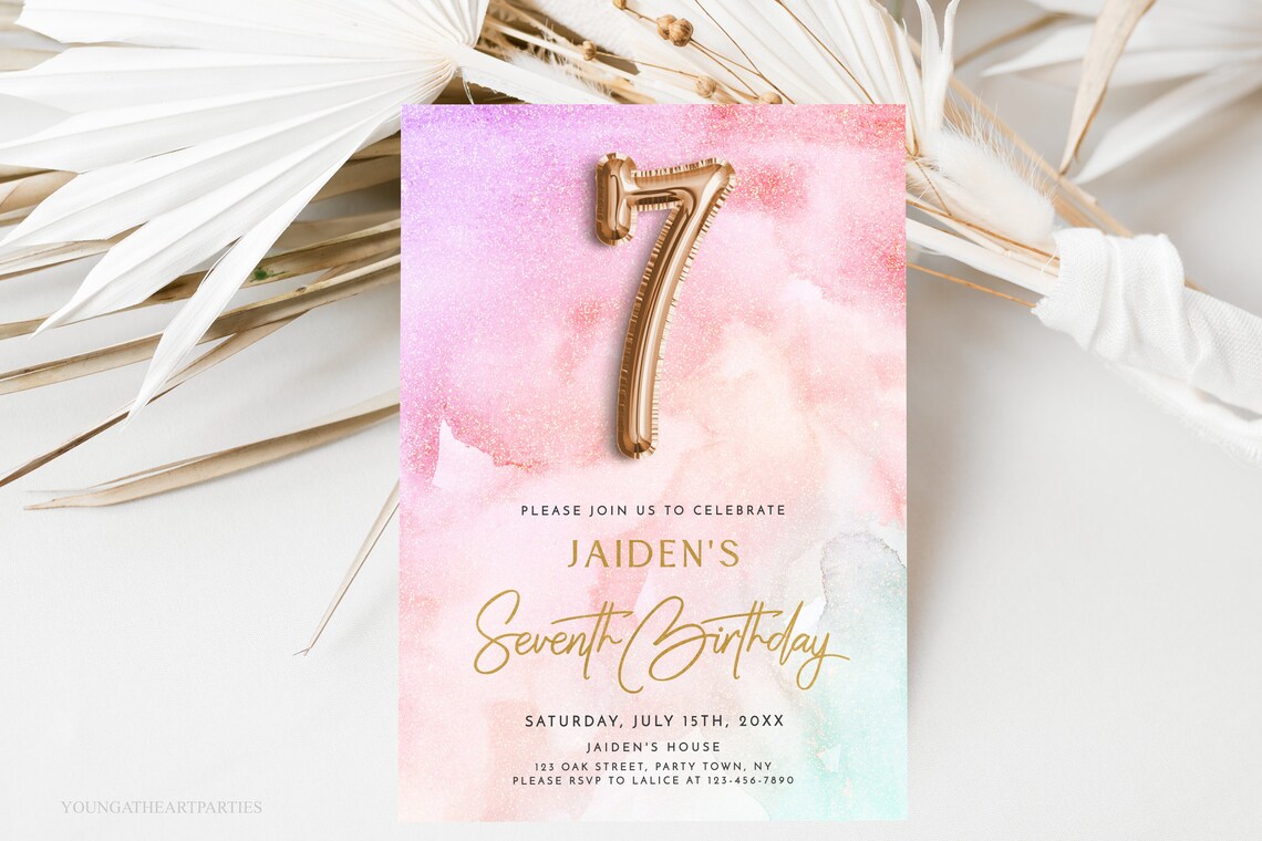 Rose Gold Balloon Seventh Birthday Girl Invitation Editable Print