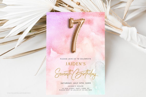 Rainbow Pastel 7th Birthday Invitation Template Rainbow Sky Watercolor Seventh Birthday Invite Gold Foil Girls 7th Birthday Invitation