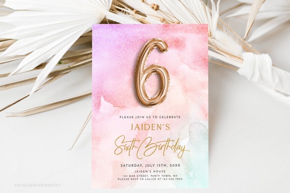 Rainbow Pastel 6th Birthday Invitation Template Rainbow Sky Watercolor Sixth Birthday Invite Gold Foil Girls Sixth Birthday Invitation