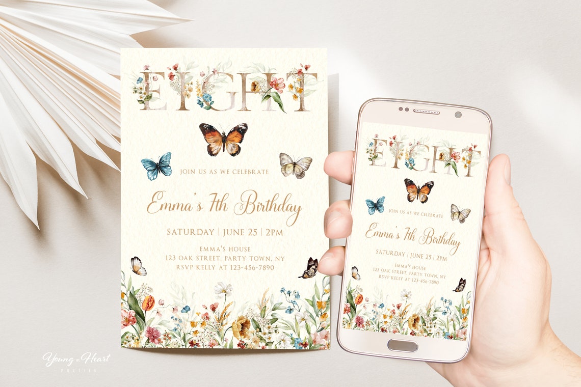 Floral Eight Letters Butterfly Emma's 7th Birthday Invitation Print - Image 4