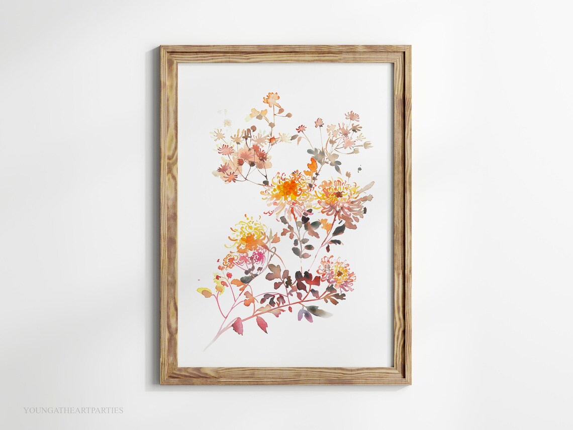 Soft Fall Watercolor Floral Art Print Autumn Chrysanthemum Wall Decor