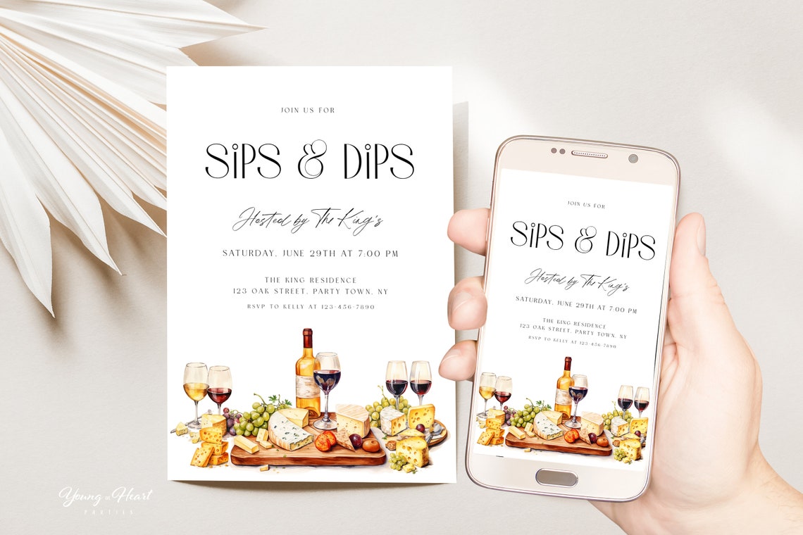 Wine Cheese Party Invitation Sips Dips Charcuterie Invitation Template Editable Wine Tasting Party Invite Adult Wine Party Invitation - Image 5