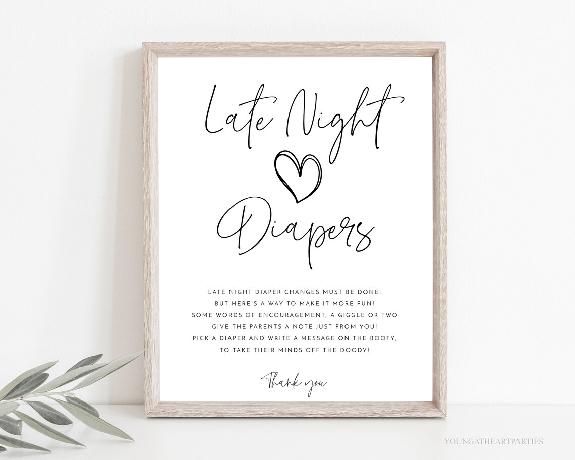 Late Night Diapers Baby Shower Game Sign Minimalist Script Print