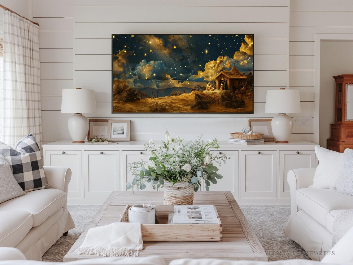 Golden Starry Night Nativity Scene Christmas Frame TV Wall Art - Image 3