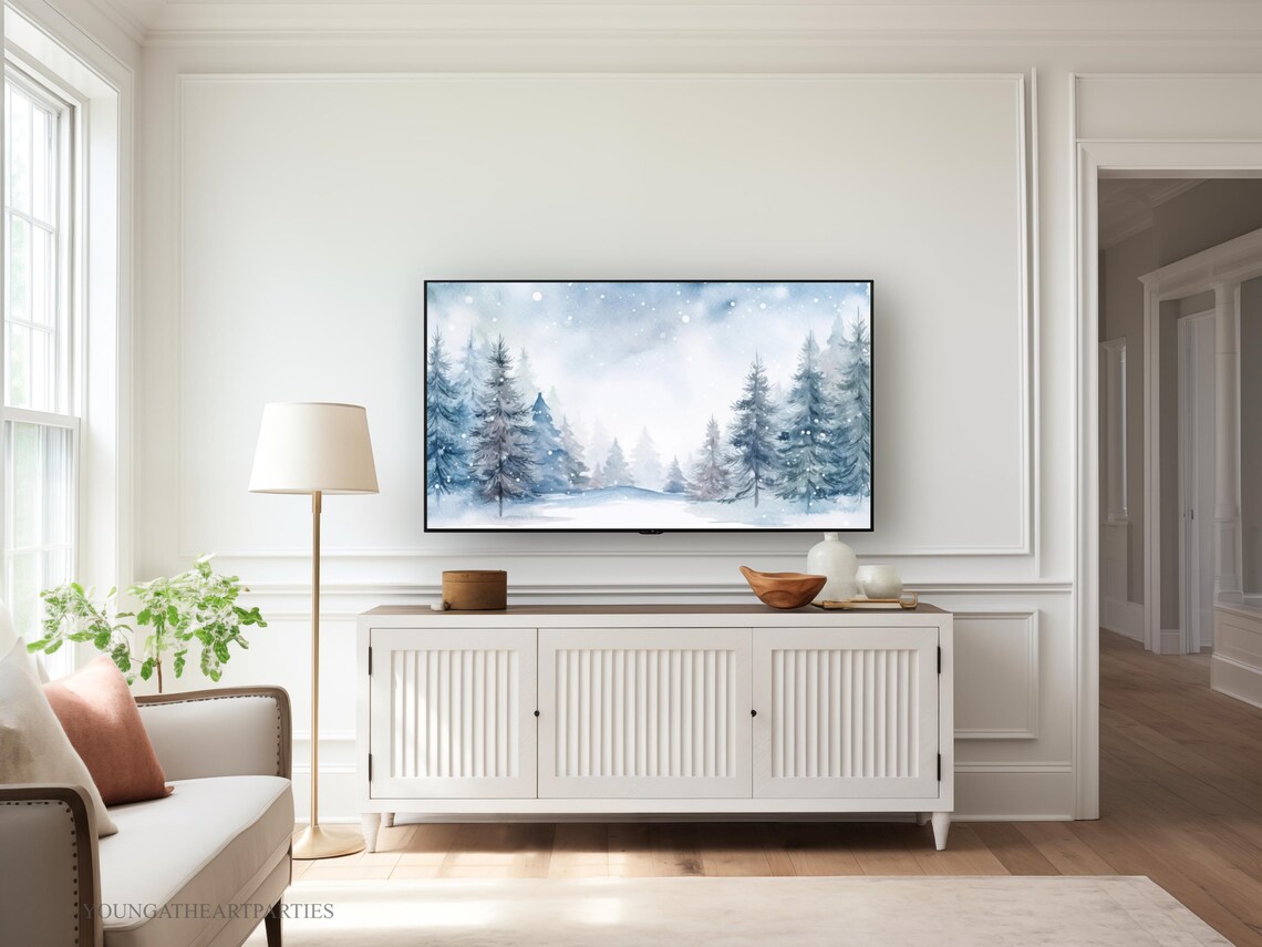 Blue Winter Forest Watercolor Snowy Pines Holiday Frame TV Wall Art - Image 5