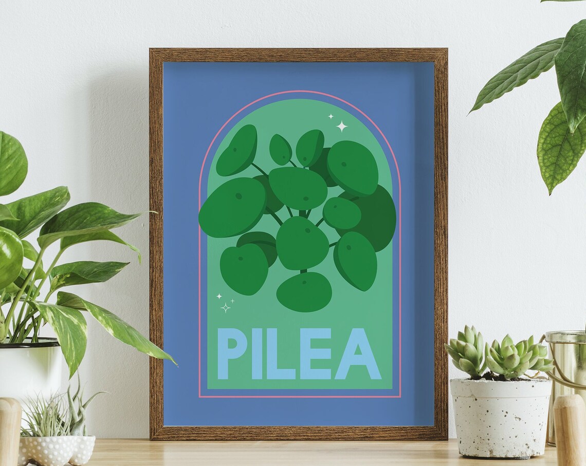 Pilea Houseplant Blue Arch Modern Botanical Illustration Poster