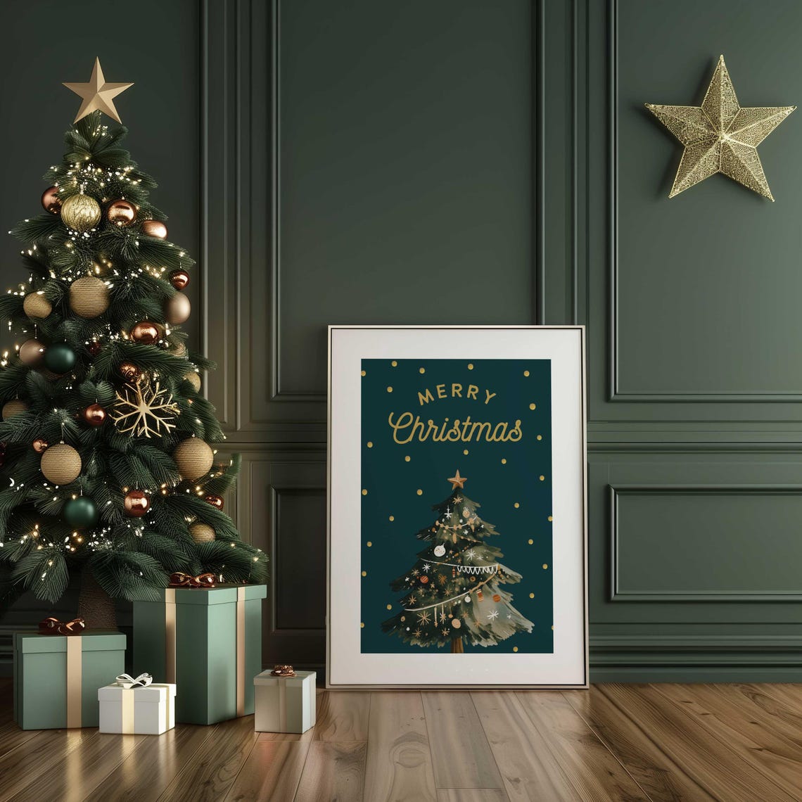 Gold Merry Christmas Script Teal Watercolor Tree Holiday Poster - Image 2