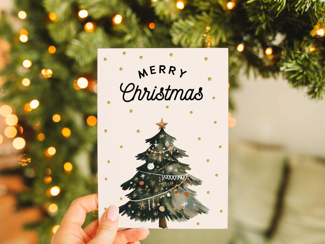 Neutral Black Merry Christmas Script Cream Watercolor Tree Poster - Image 2