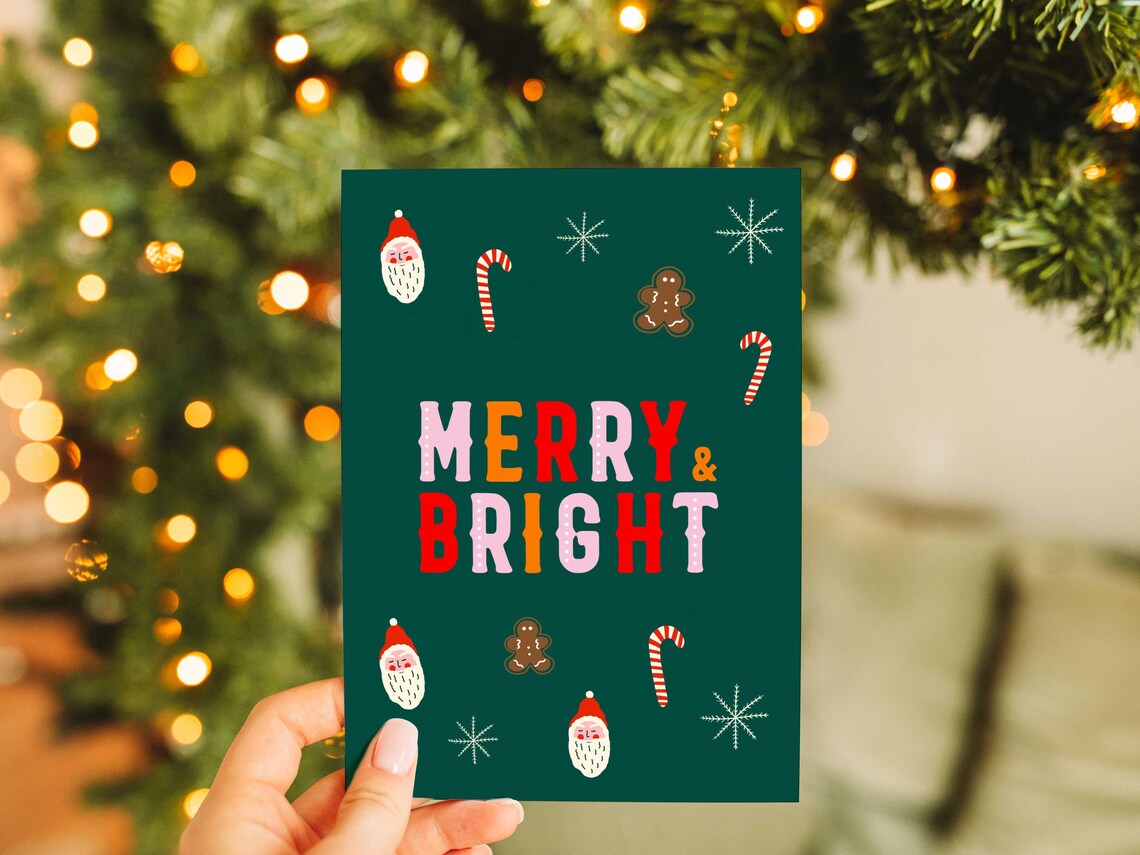 Merry And Bright Festive Lettering Dark Green Christmas Poster - Image 2