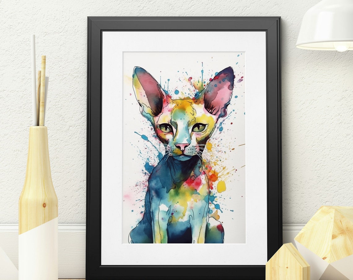 Sphynx Cat Watercolor Portrait With Colorful Paint Splash Art Poster