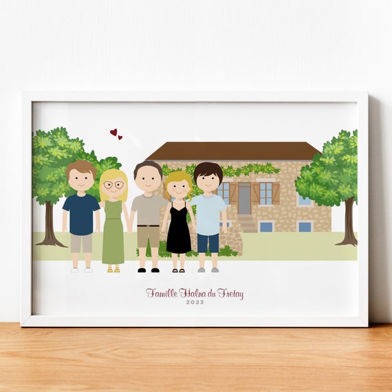 Personalized Family Portrait With House Illustration Couple Drawing With House As Housewarming Gift