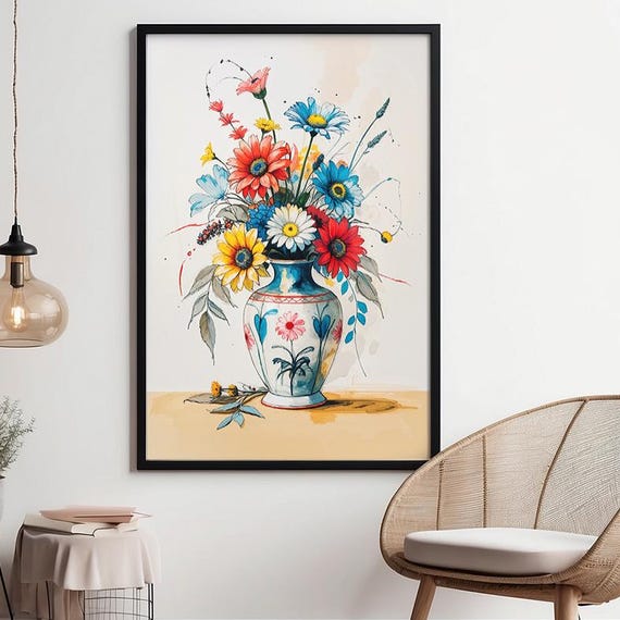Vintage Floral Vase Watercolor Print Botanical Wall Art