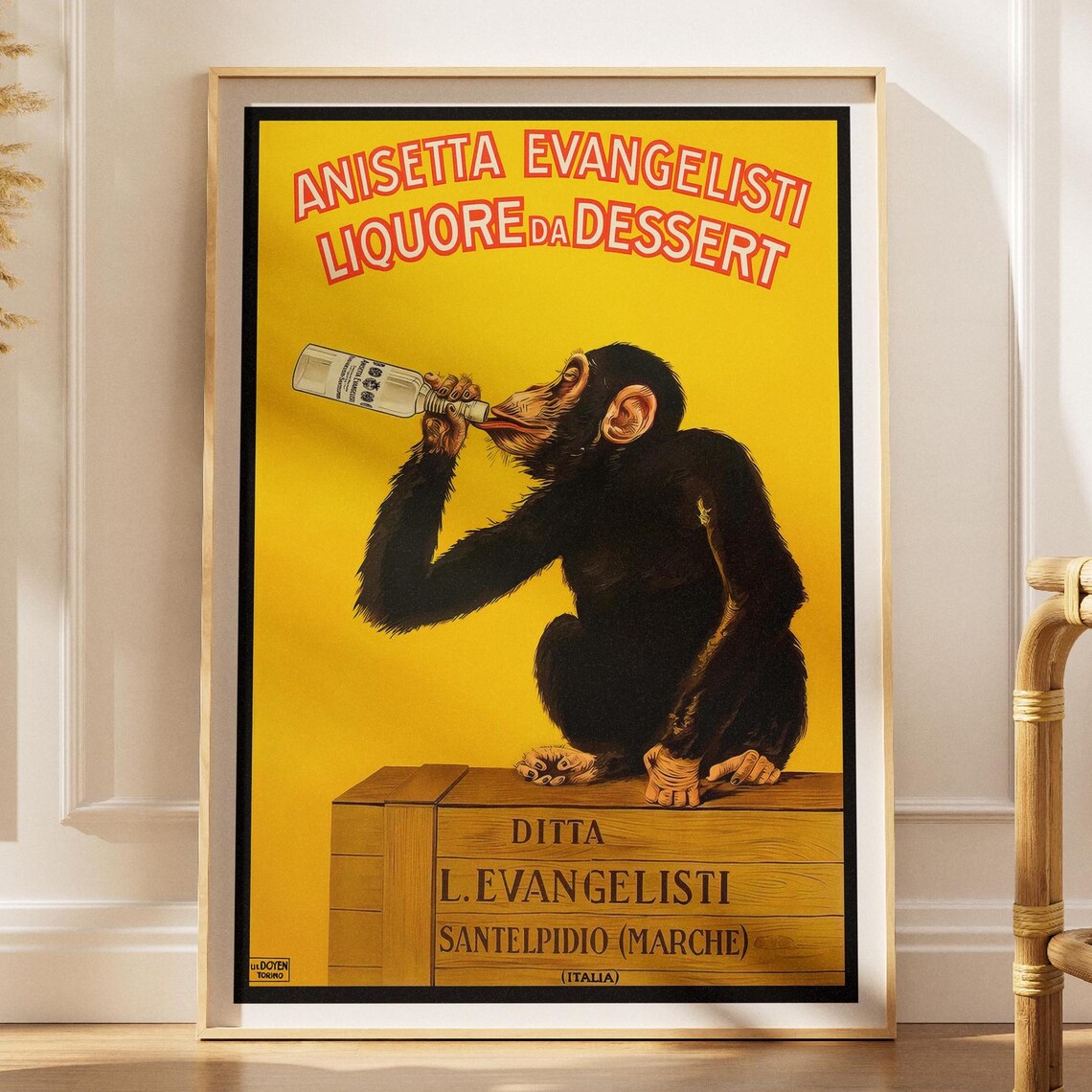Anisetta Evangelisti Vintage Italian Liquor Monkey Drinking Bottle Ad Poster