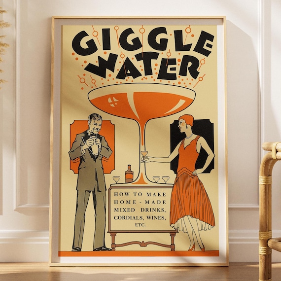 Giggle Water Vintage Art Deco Cocktail Bar Cart Retro Home Mixology Poster