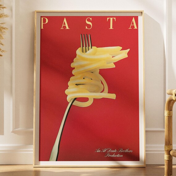 Pasta Red Kitchen Poster Spaghetti Twirled On Fork Vintage Design