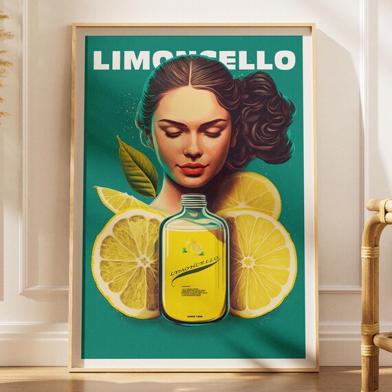 Limoncello Vintage Italian Lemon Liqueur Lady Citrus Slices Green Poster