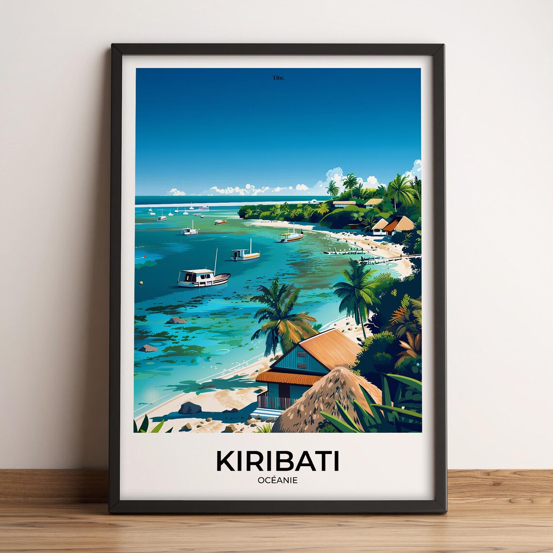 Kiribati Tropical Fishing Village Boats Island Lagoon Travel Poster