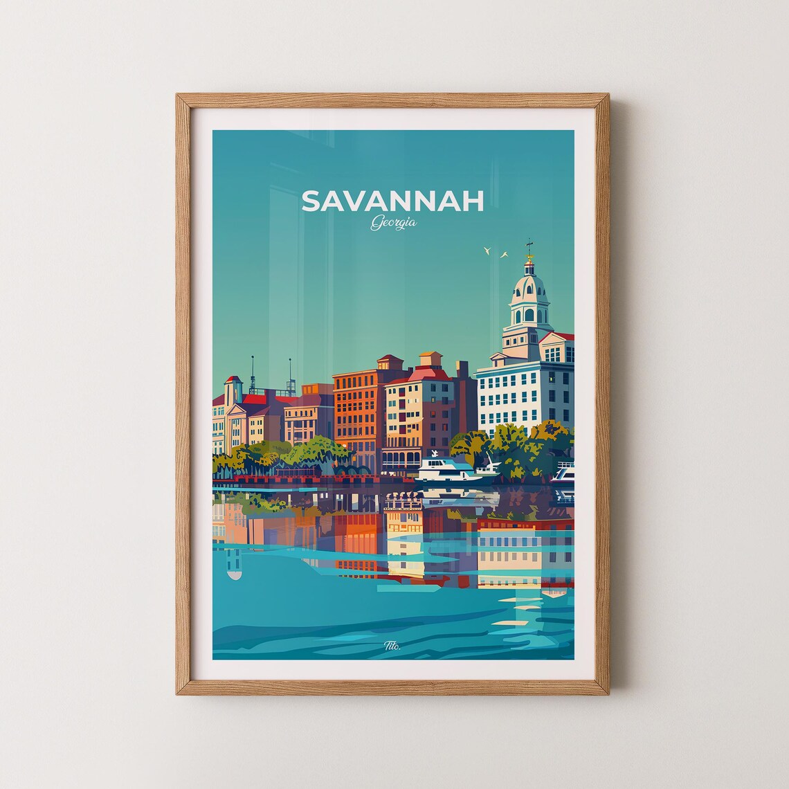 Savannah Georgia Historic Riverfront Skyline Vintage Travel Poster