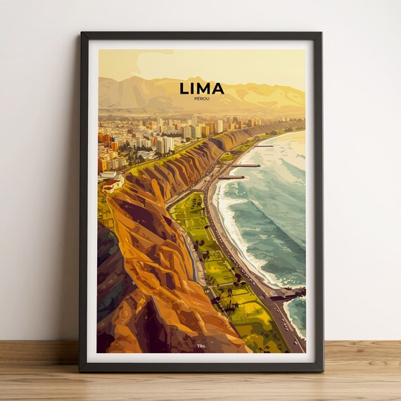 Lima Peru Pacific Coast Cliffs Oceanview Sunset Travel Poster