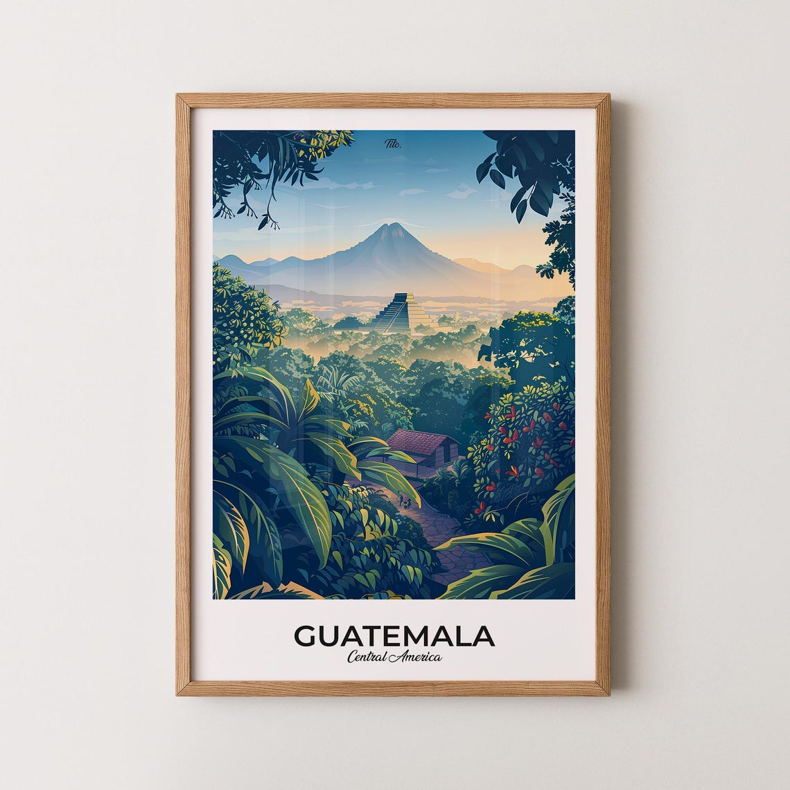 Guatemala Ancient Maya Pyramid Misty Jungle Volcano Horizon Poster