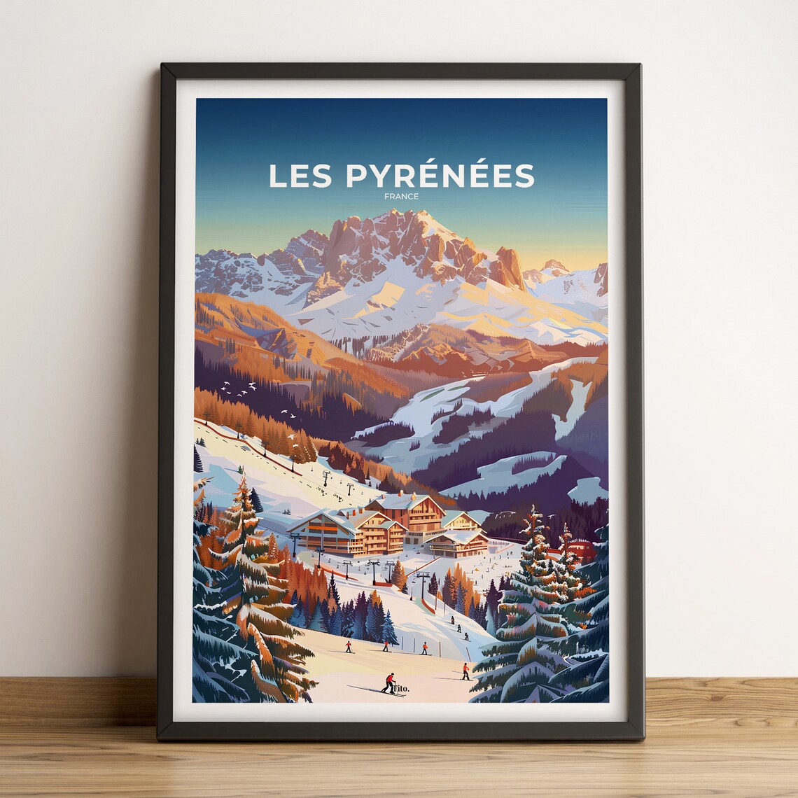 Les Pyrenees France Snowy Ski Slopes Village Retro Travel Poster