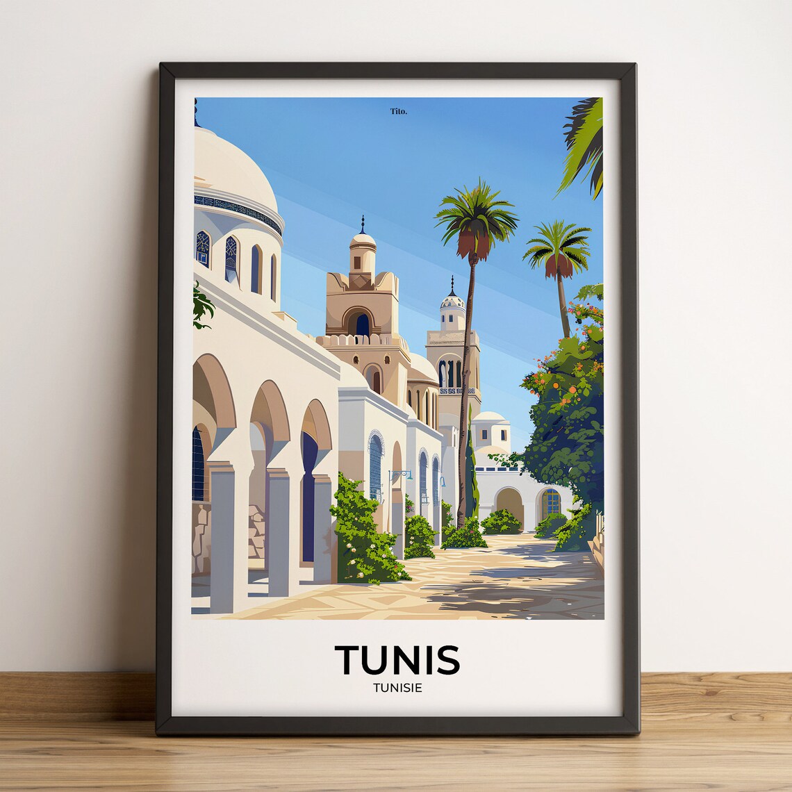 Tunis Tunisia North Africa Mosque Arches Palm Trees Travel Poster