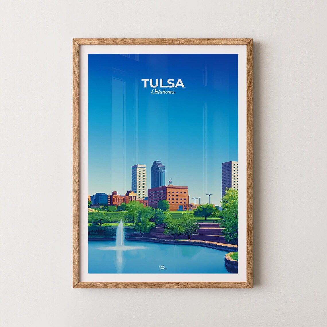 Tulsa Oklahoma Downtown Skyline Fountain Park Blue Sky Travel Poster
