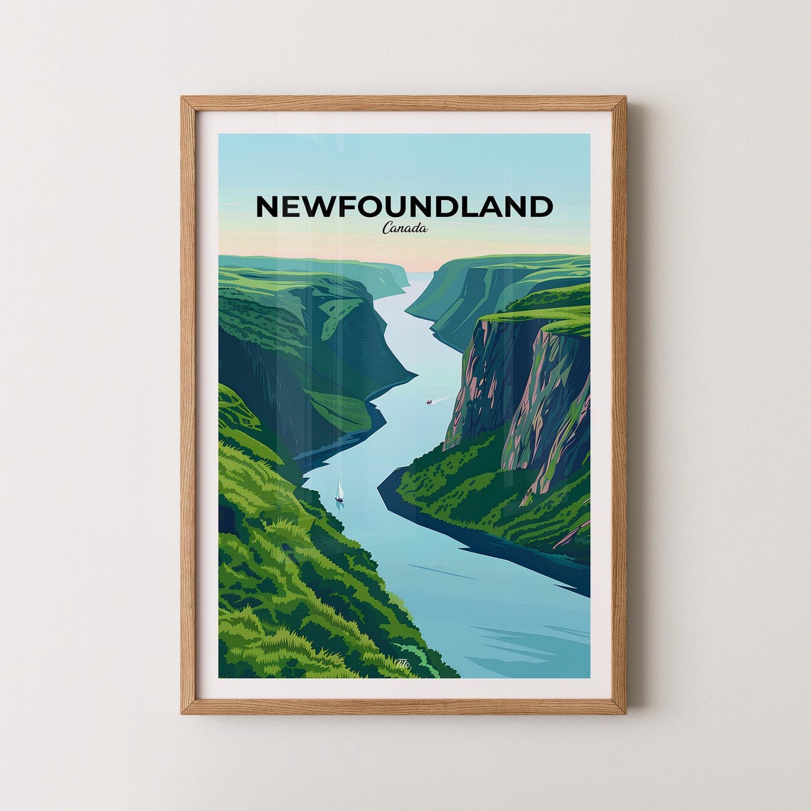Newfoundland Canada Fjord Sailboat Green Cliffs Ocean Travel Poster
