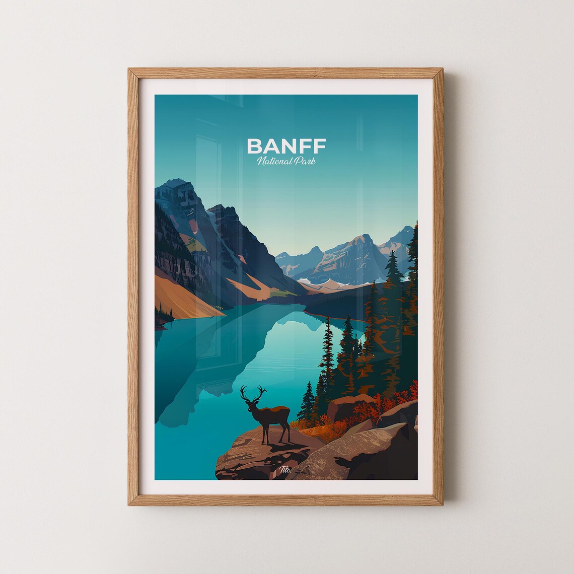 Banff National Park Turquoise Lake Elk Mountain Reflection Poster