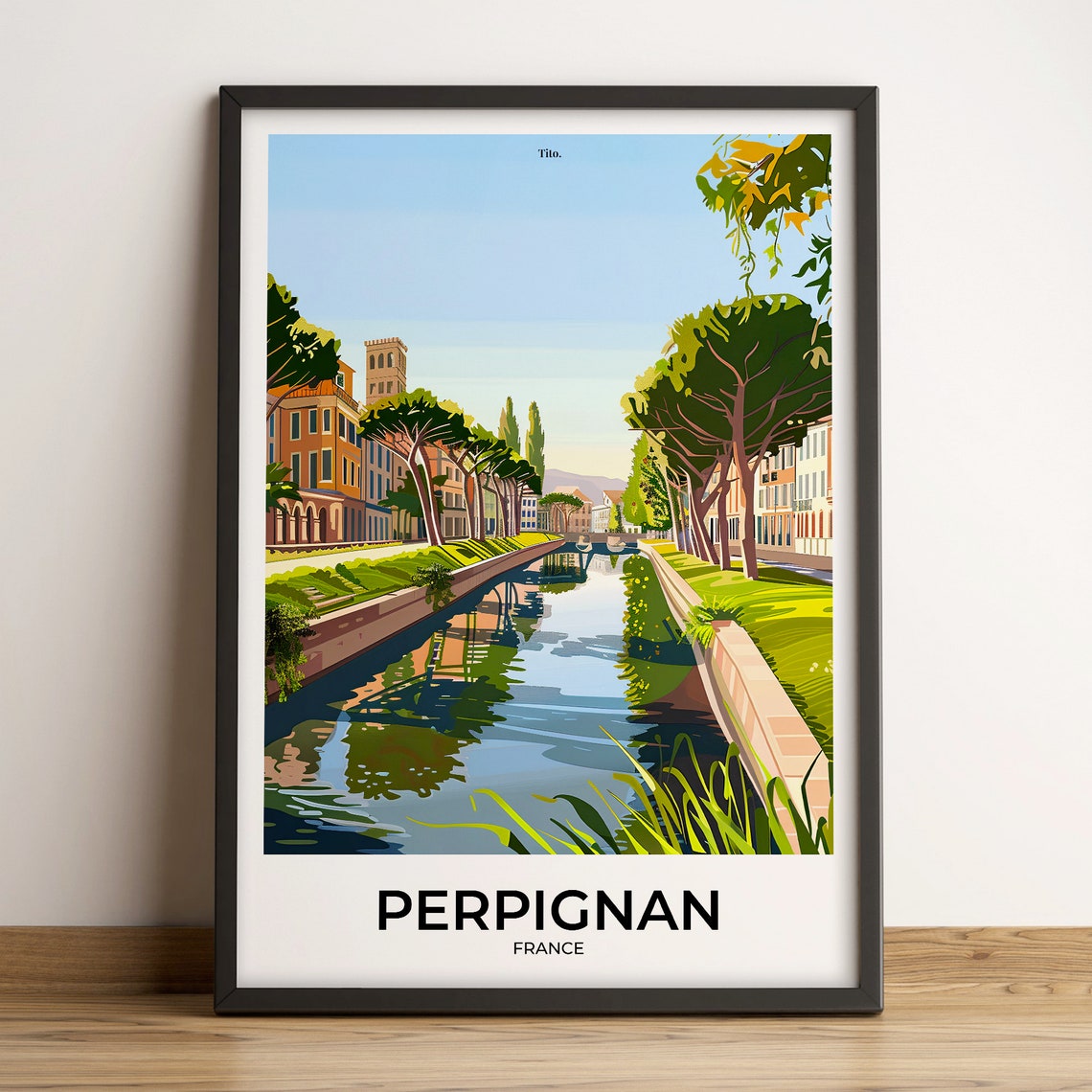 Perpignan France Riverside Town Scene Travel Illustration Poster