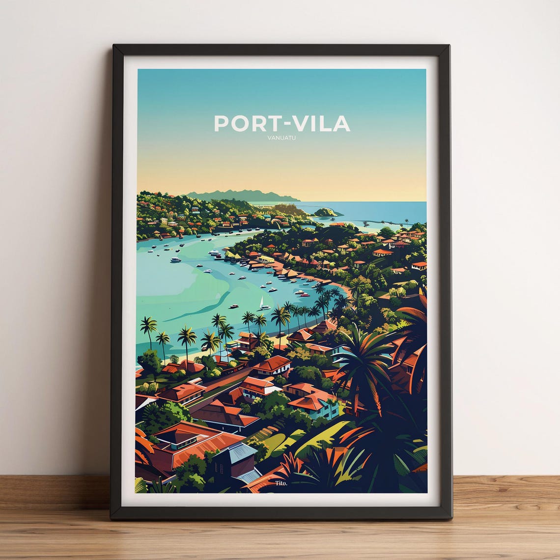 Port Vila Vanuatu Sunset Bay Marina Island Vintage Travel Poster