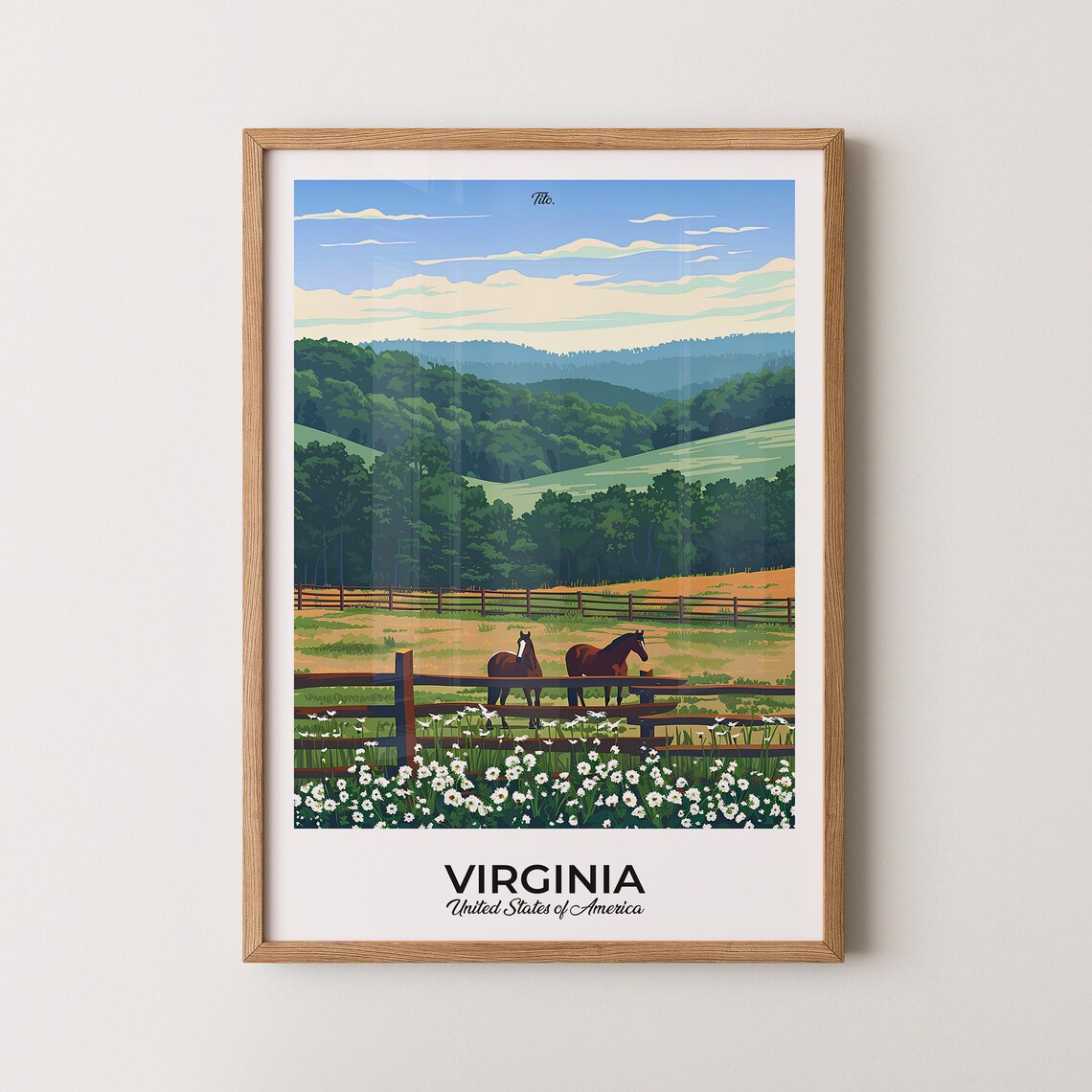 Virginia Horse Pasture White Daisy Meadow Green Hills Poster