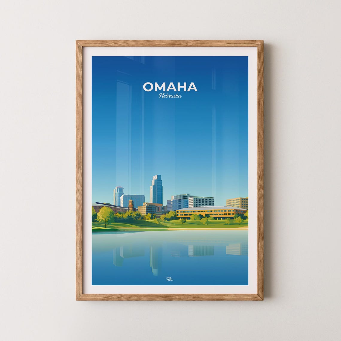 Omaha Nebraska Downtown Skyline River Reflection Daytime Travel Poster