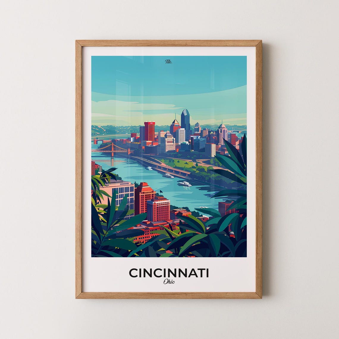 Cincinnati Ohio Travel Poster River Skyline Bridges Daylight View