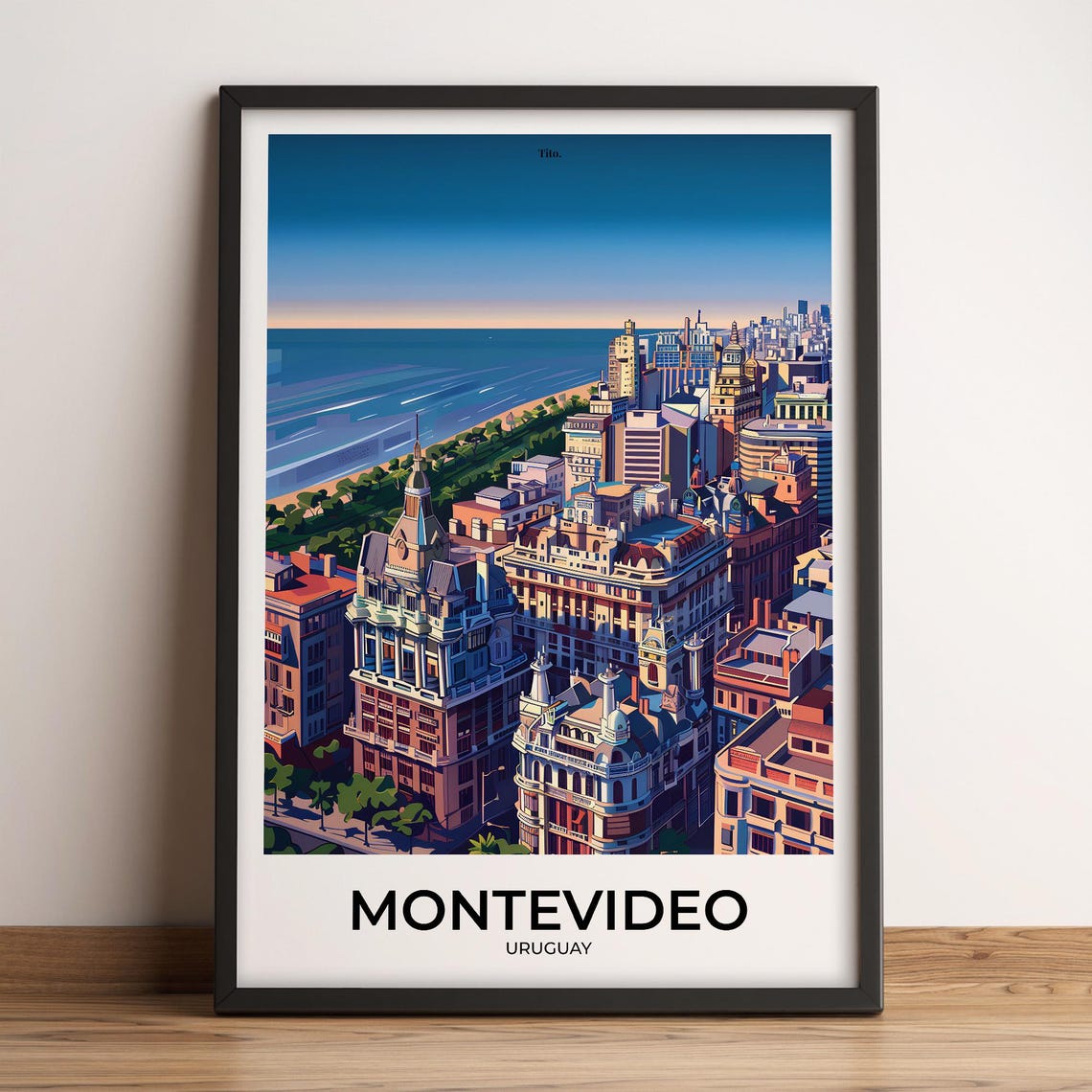 Montevideo Uruguay Rambla Waterfront City View Retro Travel Poster