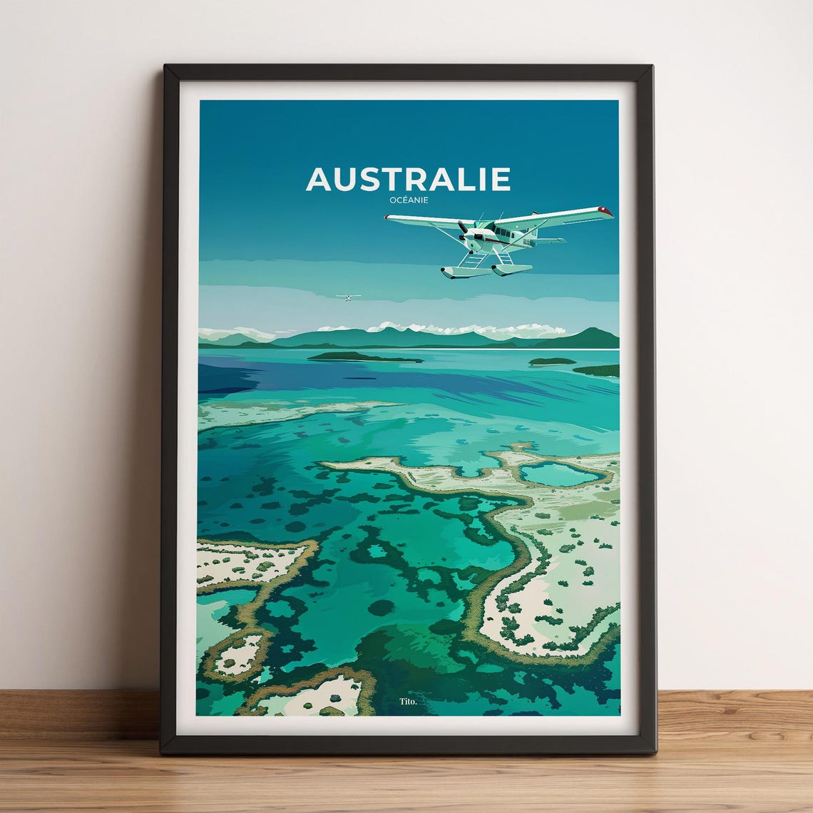 Australia Oceania Coral Reef Seaplane Flight Ocean View Travel Poster