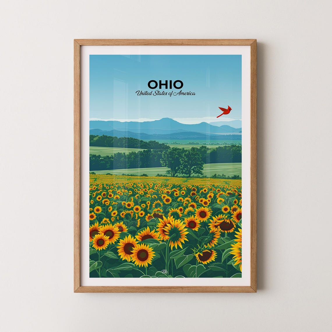 Ohio Sunflower Field Red Cardinal Summer Meadow Travel Poster