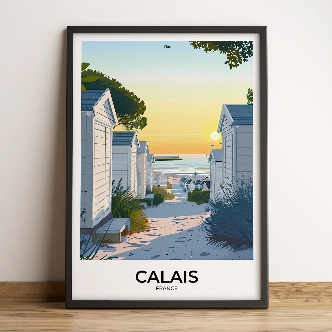 Calais France White Beach Cabins Sunset Coast Vintage Poster