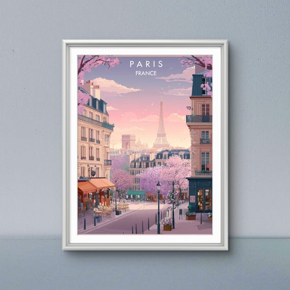 Paris Eiffel Tower Print Cherry Blossom Spring Street Scene