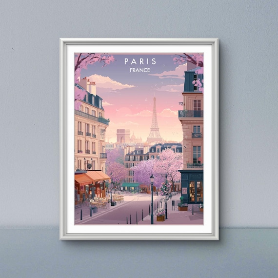 Paris France Cherry Blossom Street Scene Eiffel Tower Spring Poster