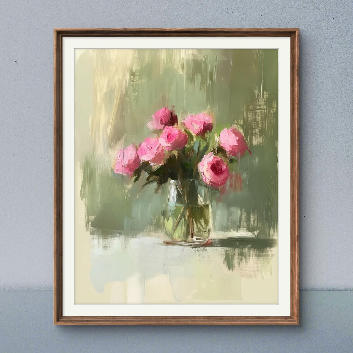 Pink Rose Vase Impressionist Floral Painting Romantic Art Poster